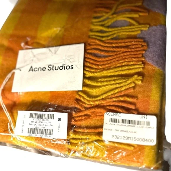 ACNE STUDIOS NWT Check Logo Fringed Wool Scarf in Orange/Lilac - Picture 5 of 6